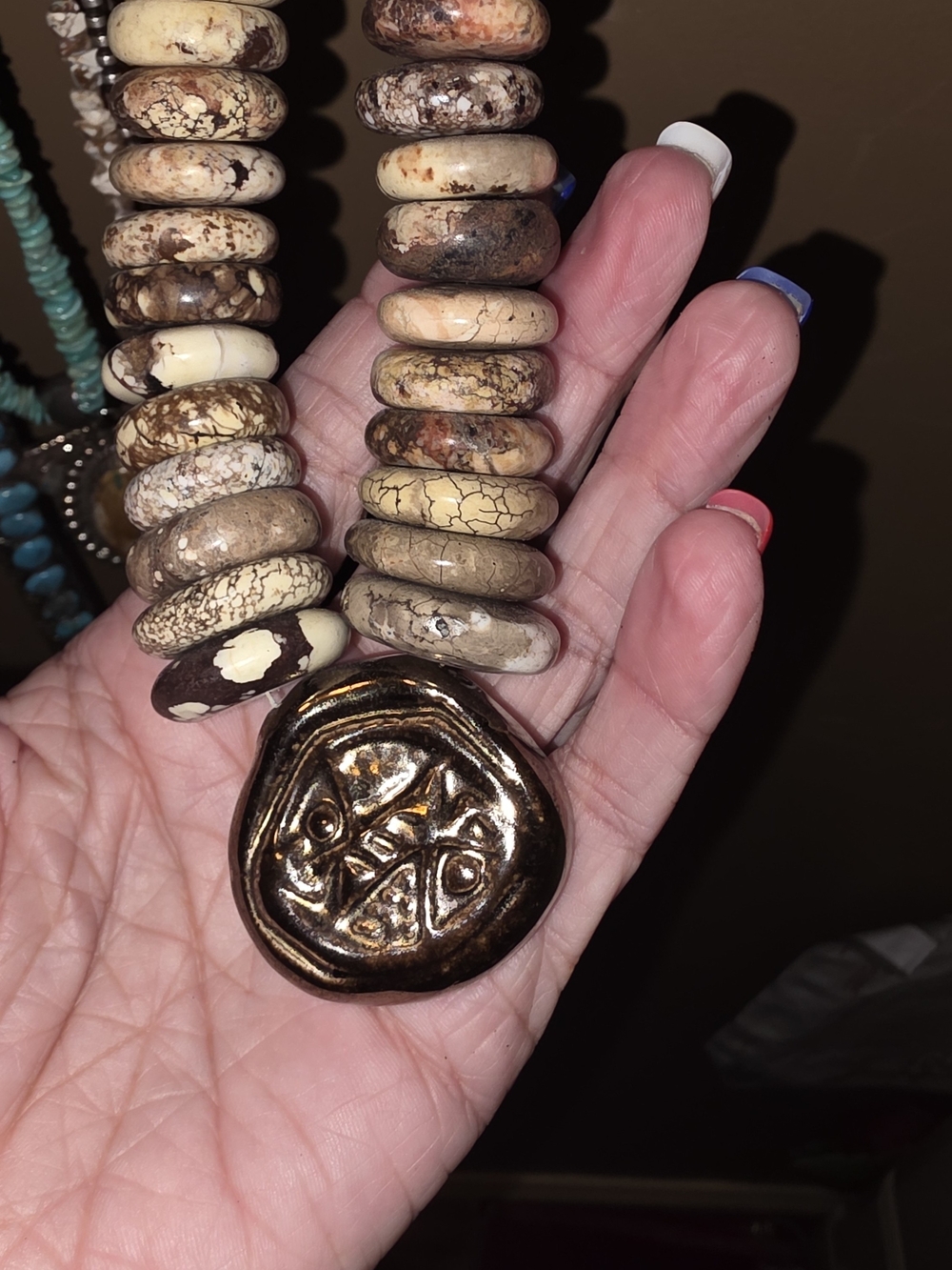 Handcrafted Brown and Cream Bead Necklace with Bronze Pendant